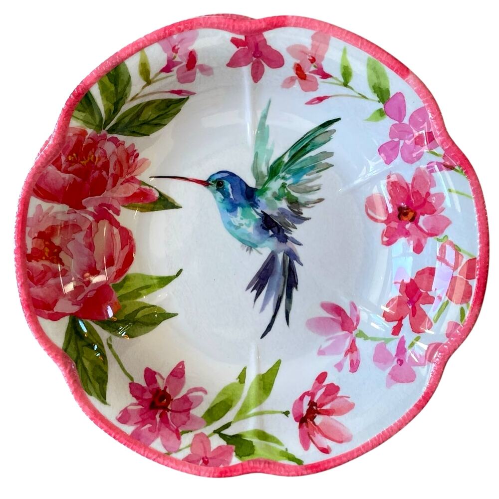 SOHO LOFT Hummingbird Pink Floral Melamine Salad Bowls 8in Set of 4 Spring NEW